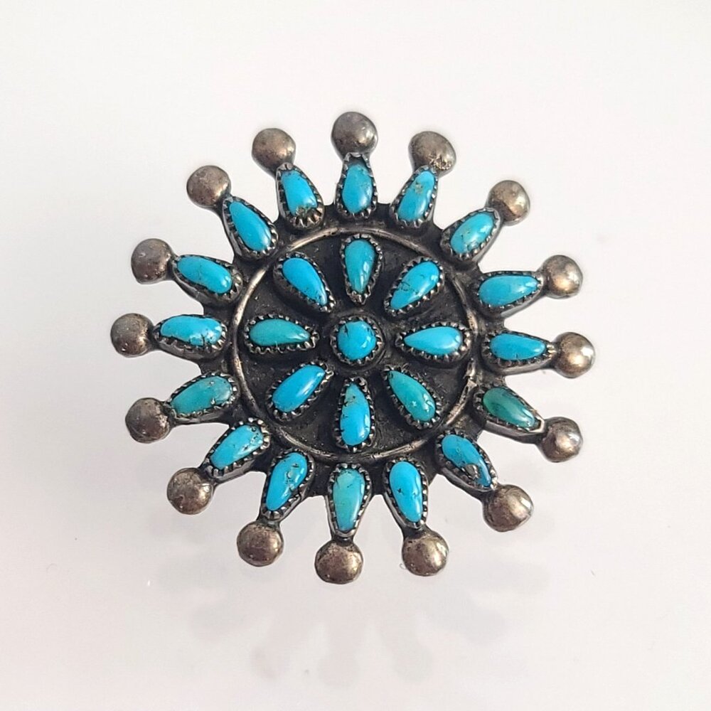 Zuni RIH sterling petit point turquoise sunburst pin handmade Native American